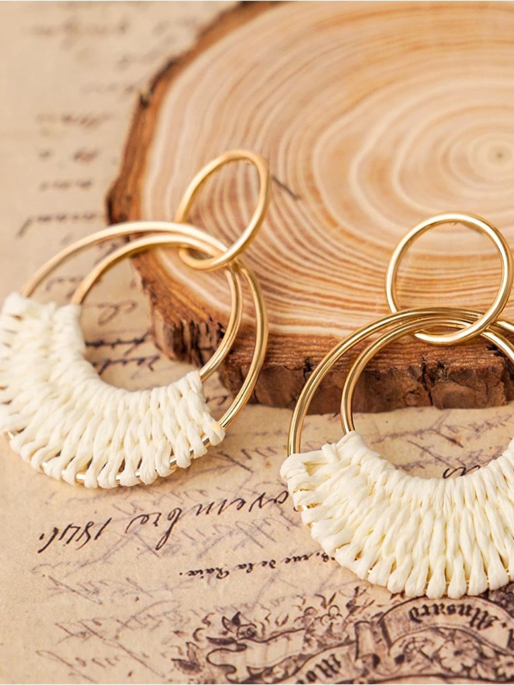 Gold and Cream Woven Hoop Drop Boho Earrings For Summer Beach